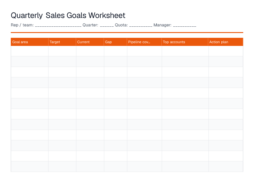 Quarterly Sales Goals Worksheet — printable PDF preview