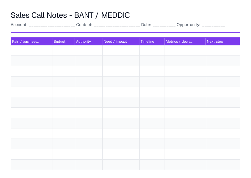 Sales Call Notes Template — printable PDF preview
