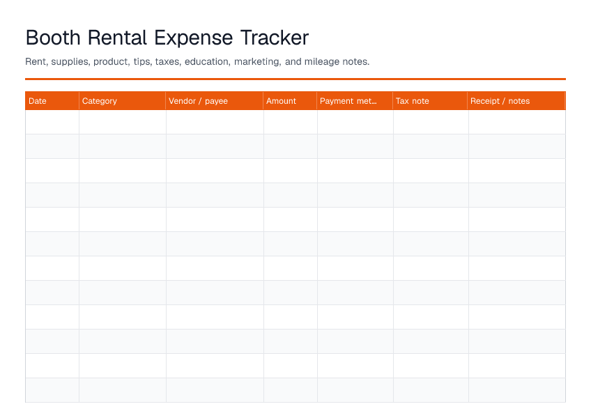 Booth Rental Expense Tracker — printable PDF preview