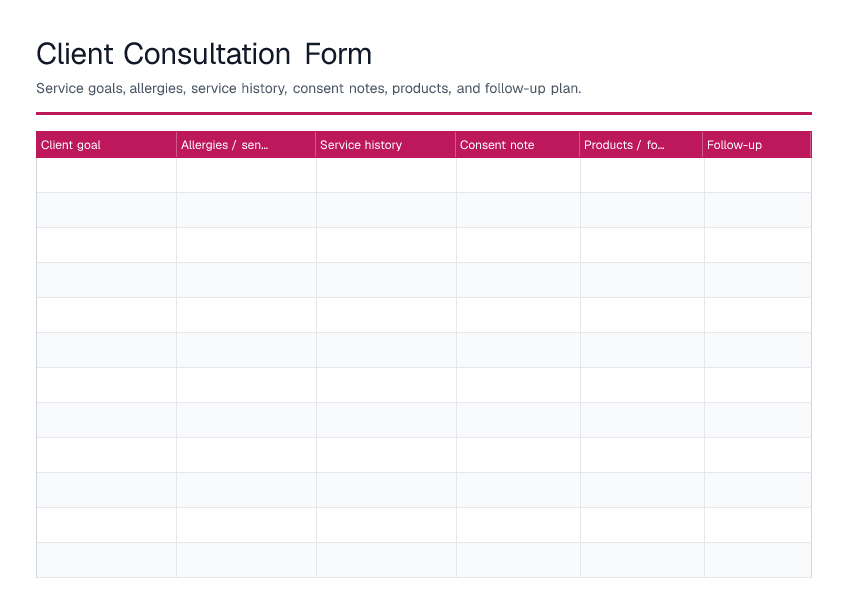 Client Consultation Form — printable PDF preview