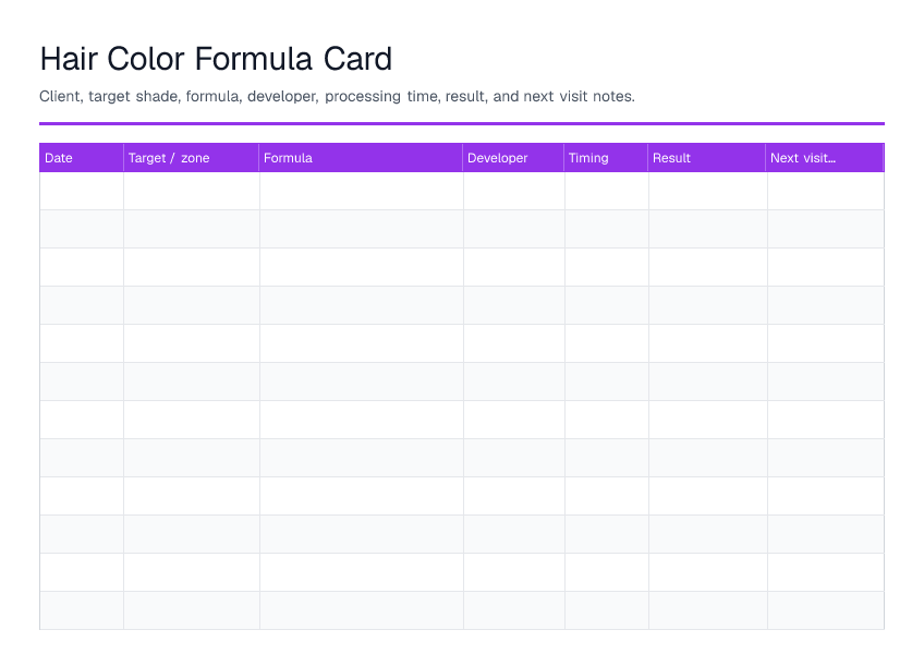Hair Color Formula Card — printable PDF preview