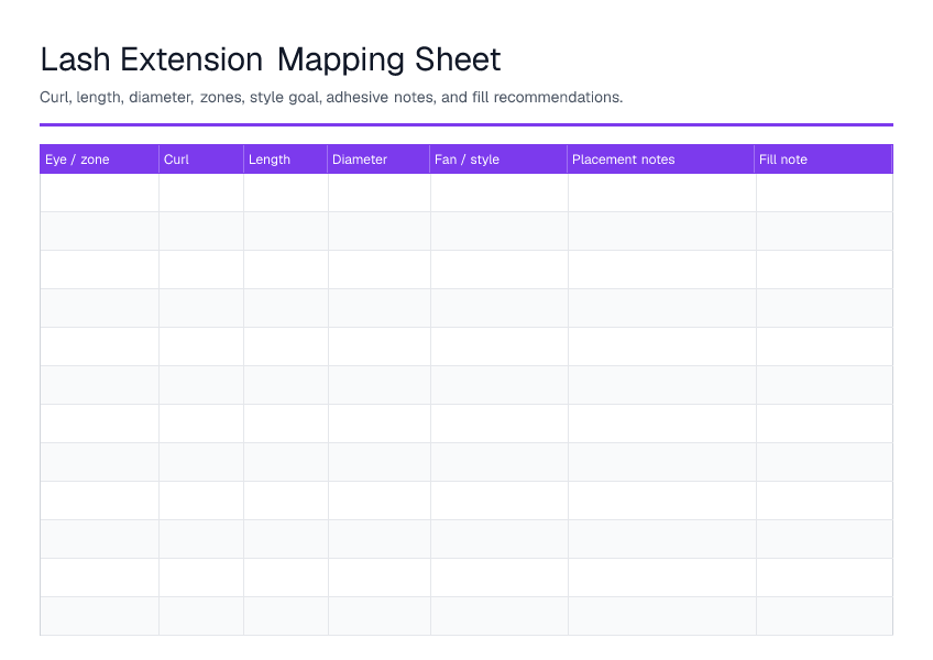 Lash Extension Mapping Sheet — printable PDF preview