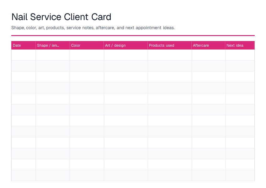 Nail Service Client Card — printable PDF preview