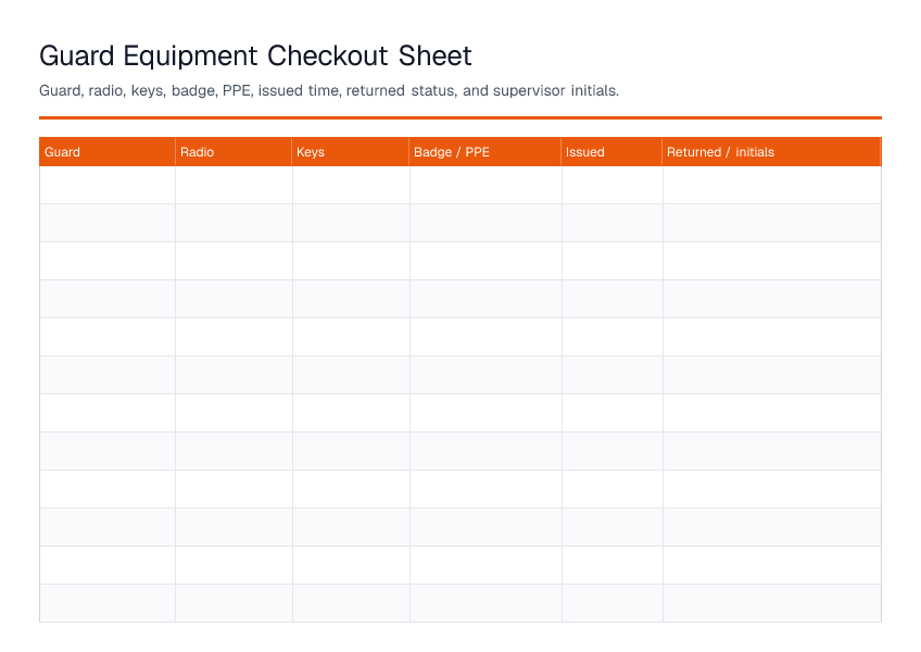 Guard Equipment Checkout Sheet — printable PDF preview
