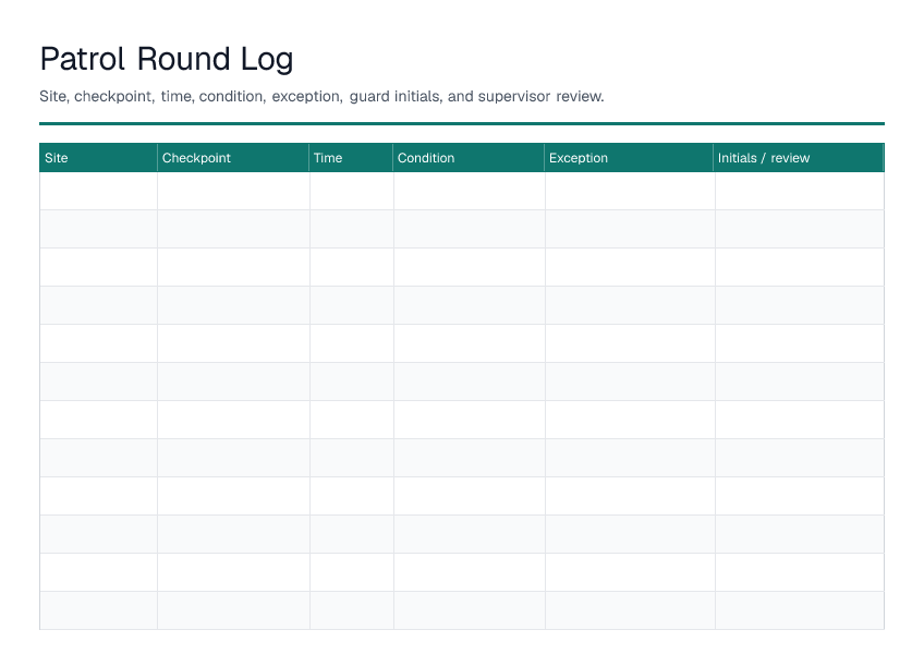 Patrol Round Log — printable PDF preview