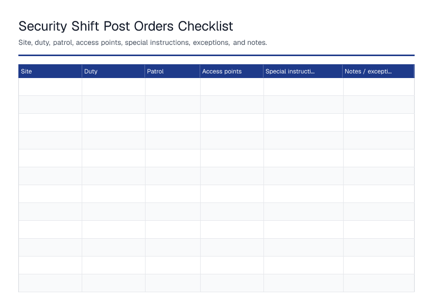 Security Shift Post Orders Checklist — printable PDF preview