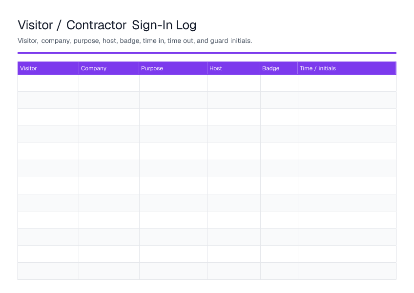 Visitor / Contractor Sign-In Log — printable PDF preview