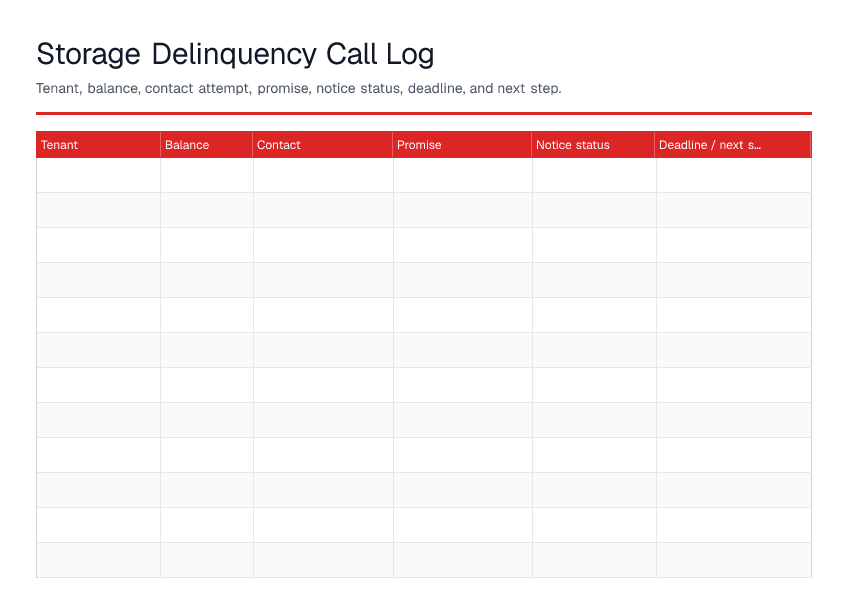 Storage Delinquency Call Log — printable PDF preview