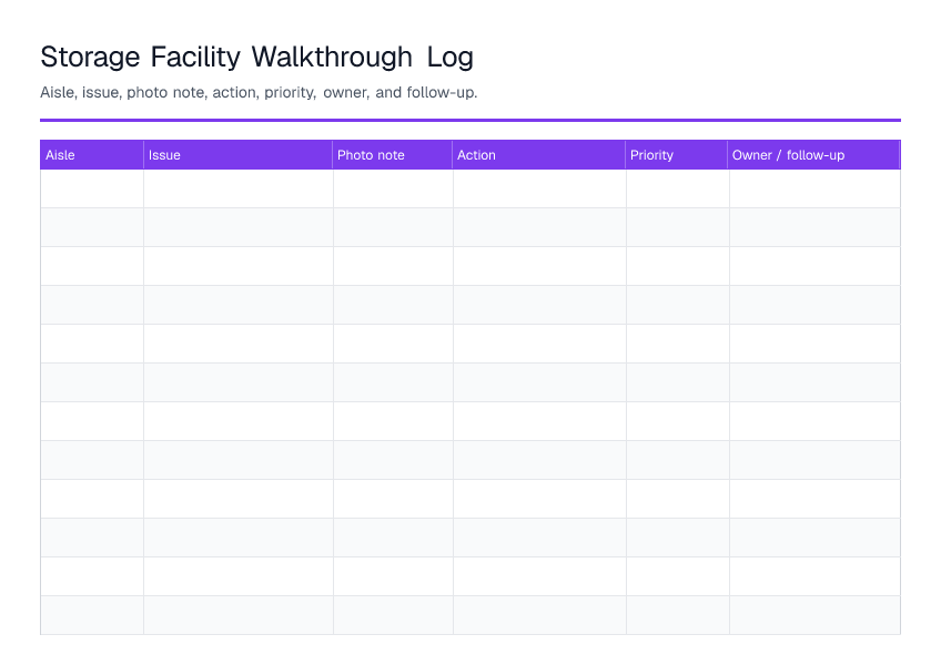 Storage Facility Walkthrough Log — printable PDF preview