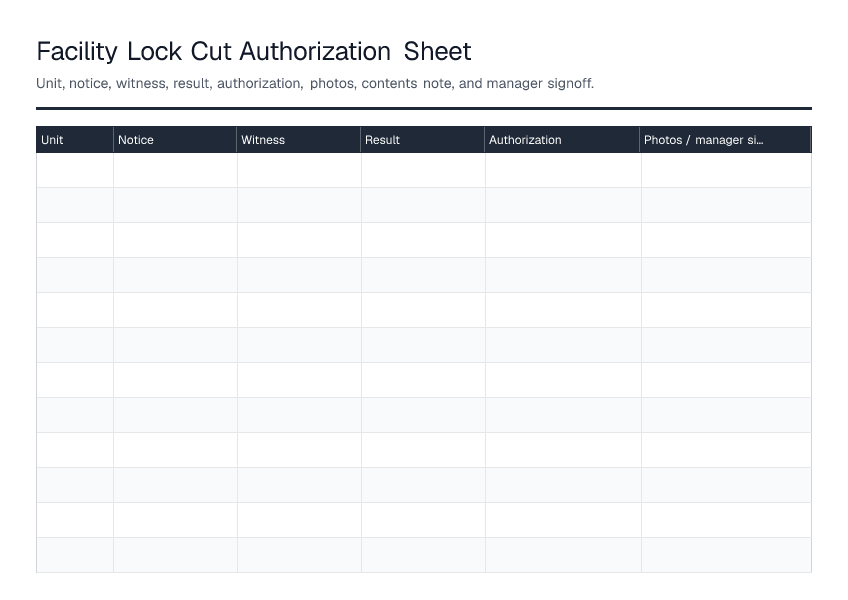 Facility Lock Cut Authorization Sheet — printable PDF preview