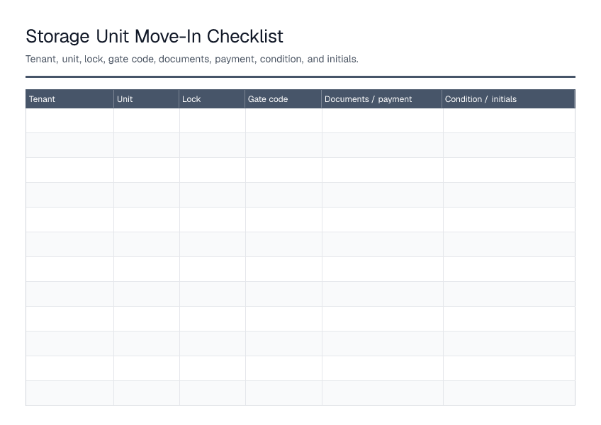 Storage Unit Move-In Checklist — printable PDF preview