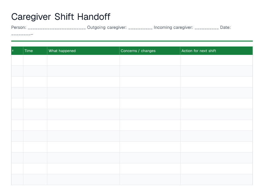 Caregiver Shift Handoff — printable PDF preview