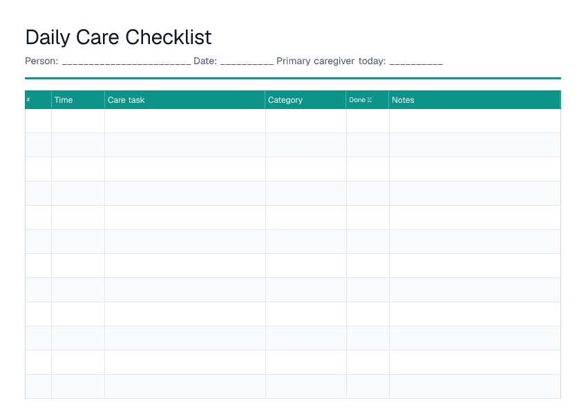 Daily Care Checklist — printable PDF preview