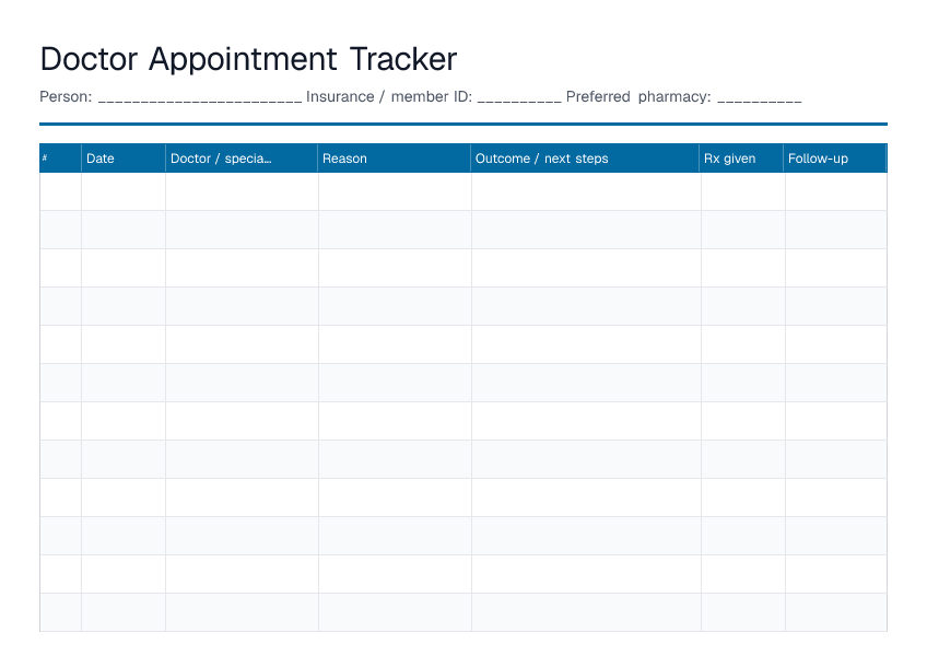 Doctor Appointment Tracker — printable PDF preview