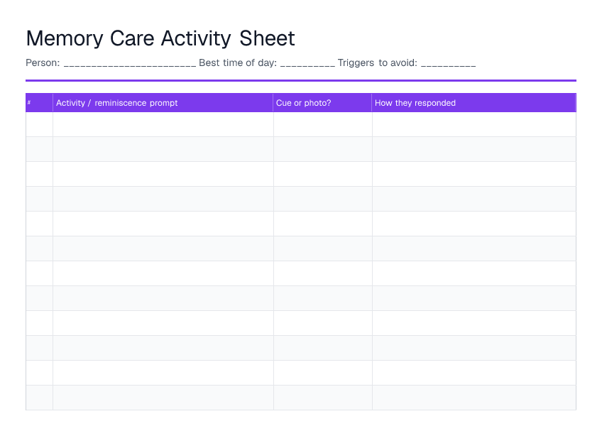 Memory Care Activity Sheet — printable PDF preview