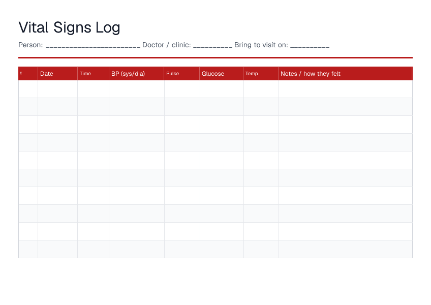 Vital Signs Log — printable PDF preview