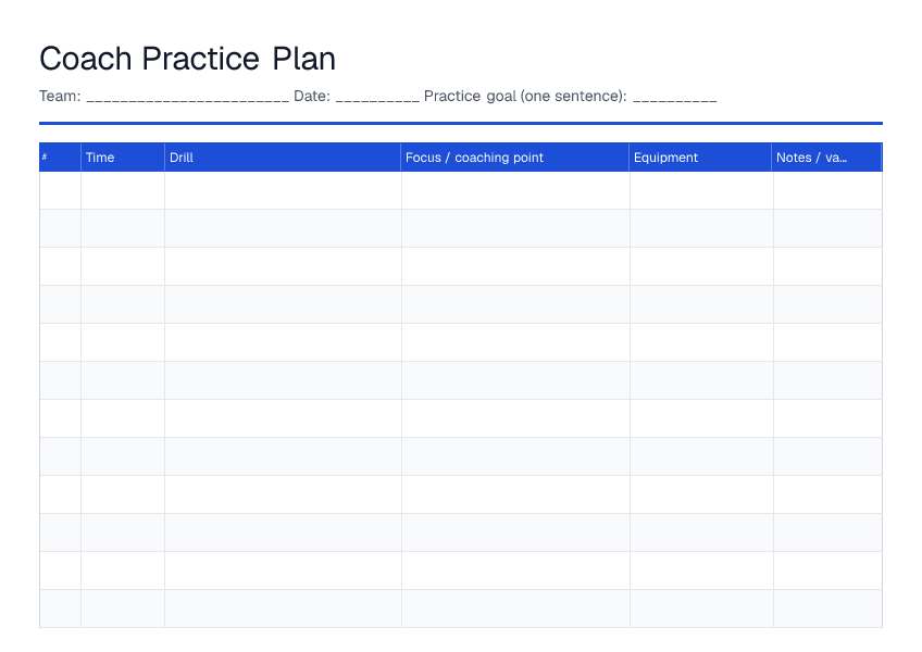 Coach Practice Plan — printable PDF preview