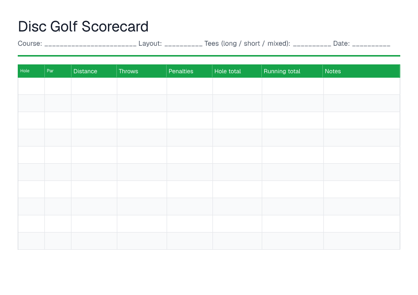 Disc Golf Scorecard — printable PDF preview