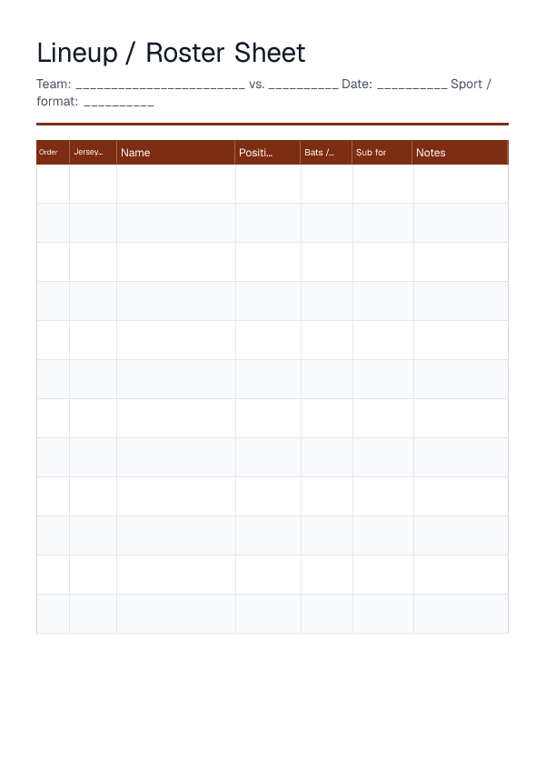 Lineup / Roster Sheet — printable PDF preview
