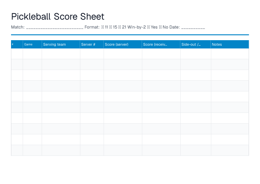 Pickleball Score Sheet — printable PDF preview