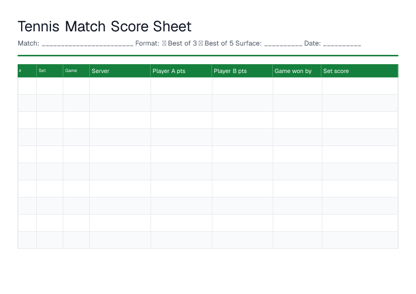 Tennis Match Score Sheet — printable PDF preview