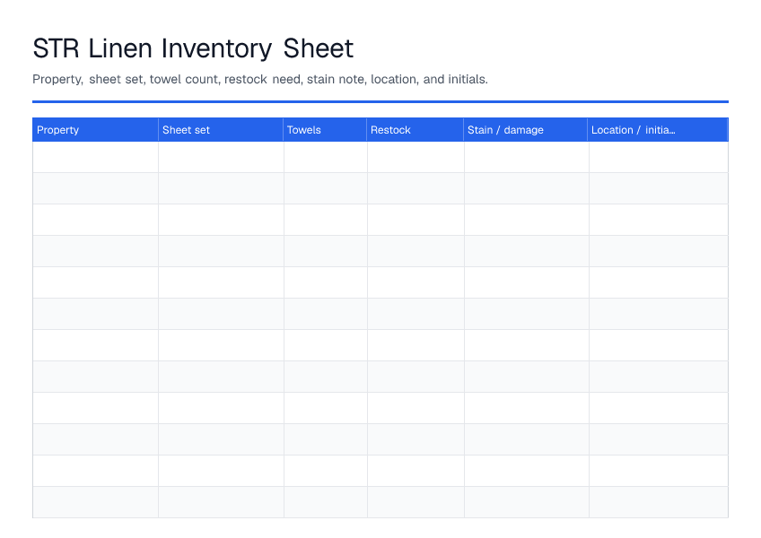 STR Linen Inventory Sheet — printable PDF preview