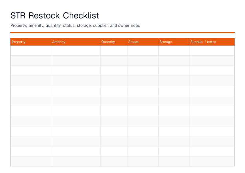 STR Restock Checklist — printable PDF preview