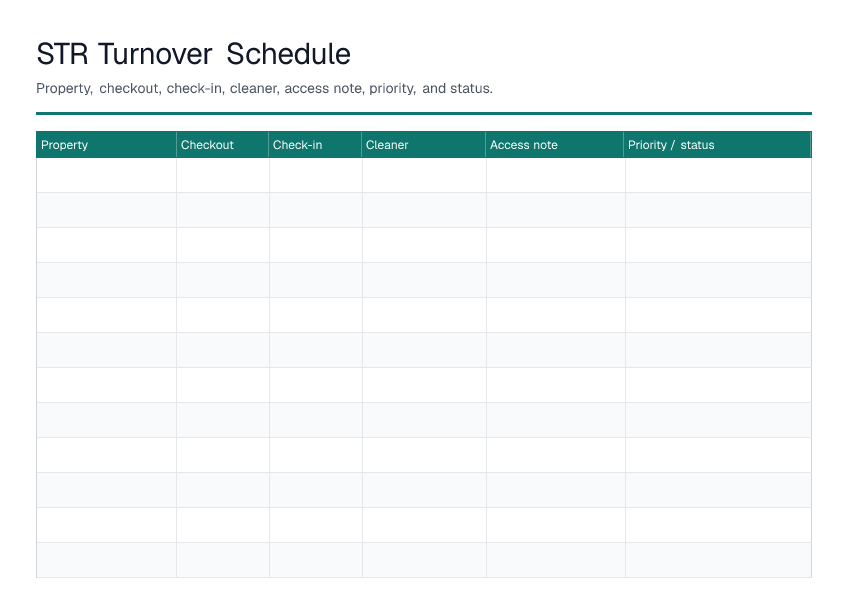 STR Turnover Schedule — printable PDF preview