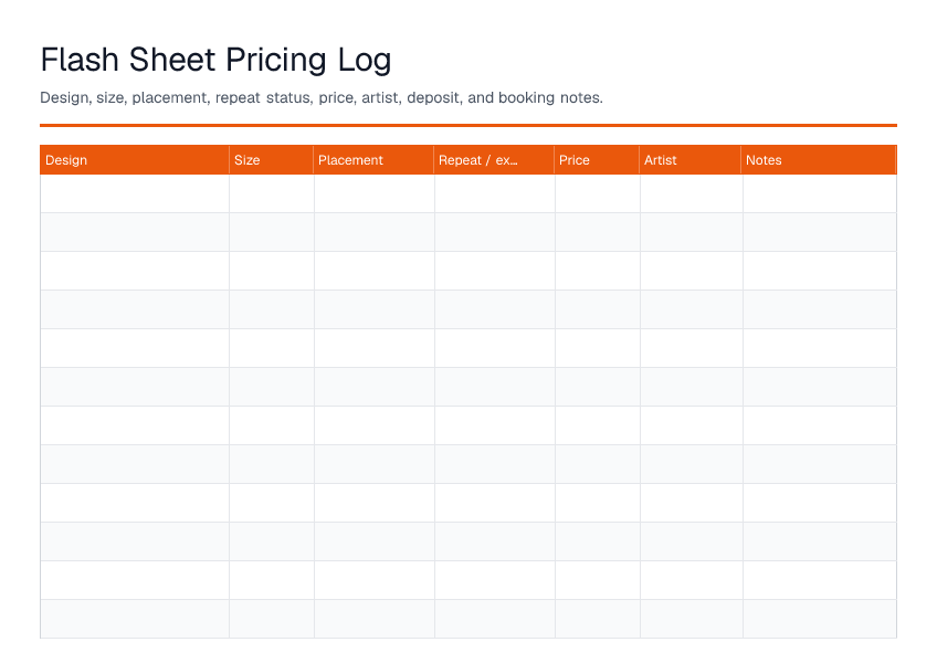 Flash Sheet Pricing Log — printable PDF preview