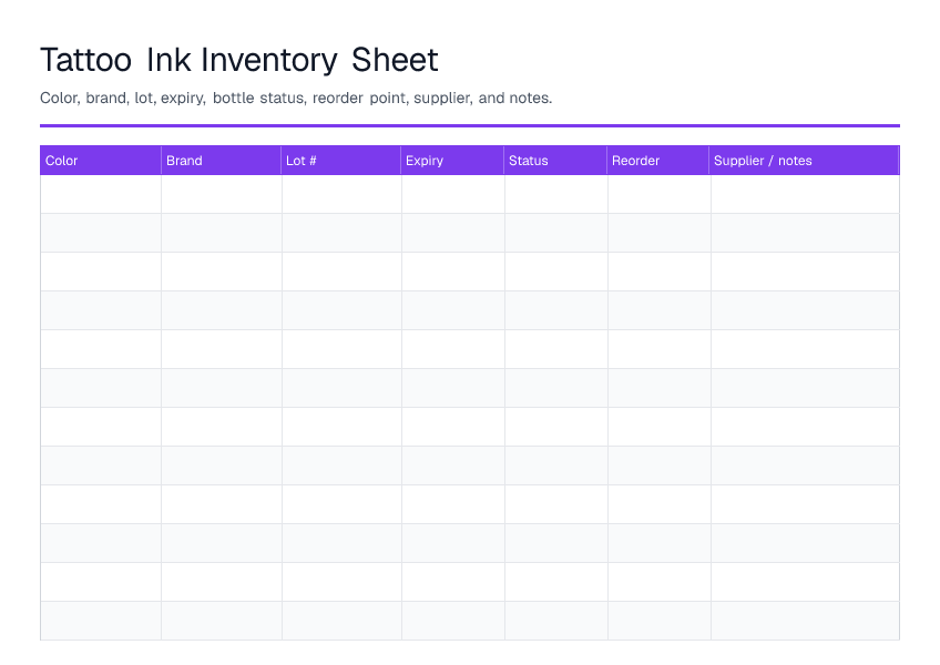 Tattoo Ink Inventory Sheet — printable PDF preview