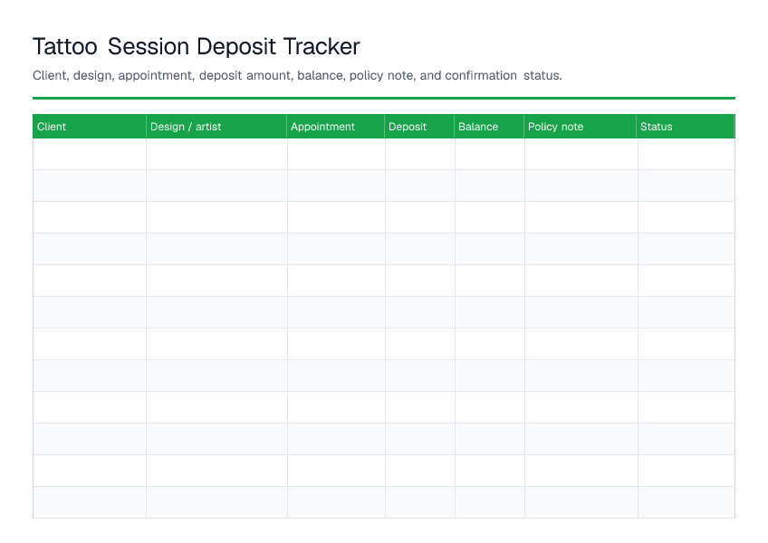 Tattoo Session Deposit Tracker — printable PDF preview
