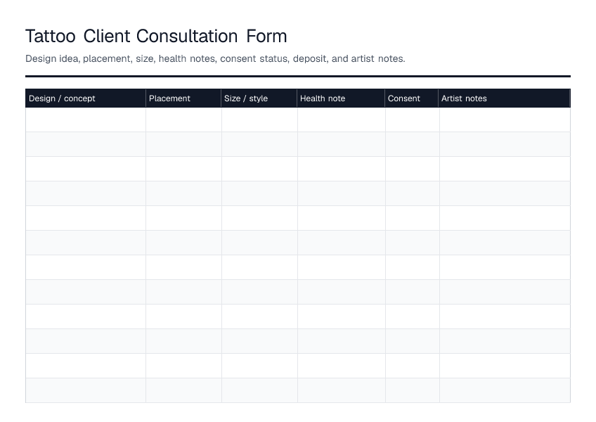 Tattoo Client Consultation Form — printable PDF preview