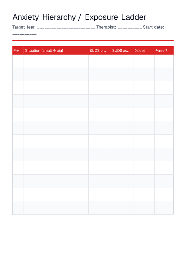 Anxiety Hierarchy / Exposure Ladder — printable PDF preview