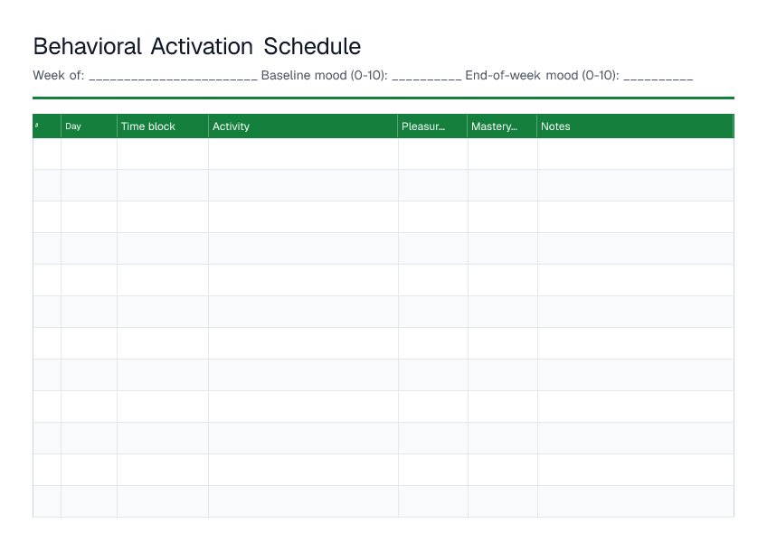 Behavioral Activation Schedule — printable PDF preview