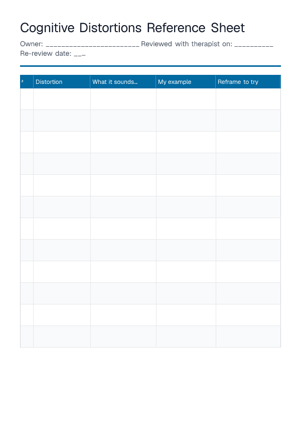 Cognitive Distortions Reference Sheet — printable PDF preview