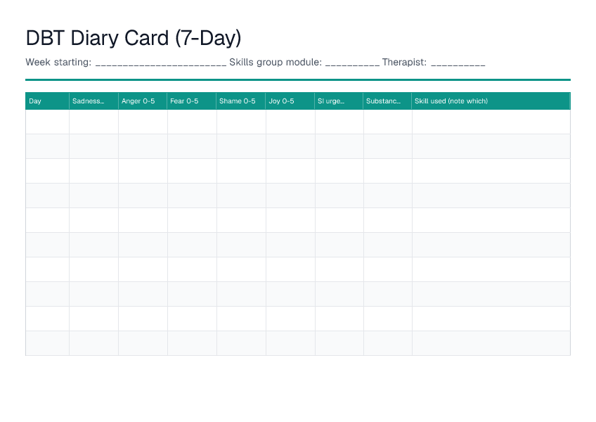 DBT Diary Card (7-Day) — printable PDF preview