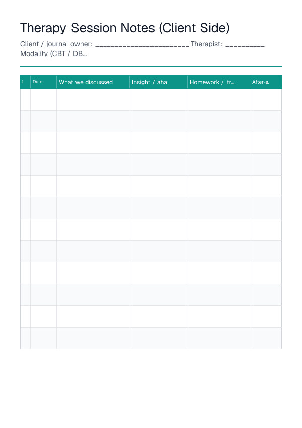Therapy Session Notes (Client Side) — printable PDF preview