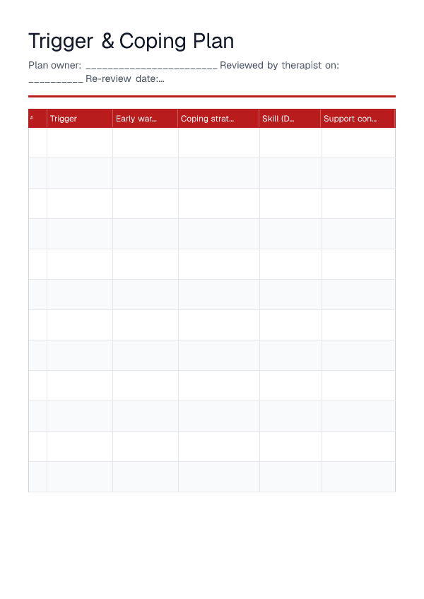 Trigger & Coping Plan — printable PDF preview