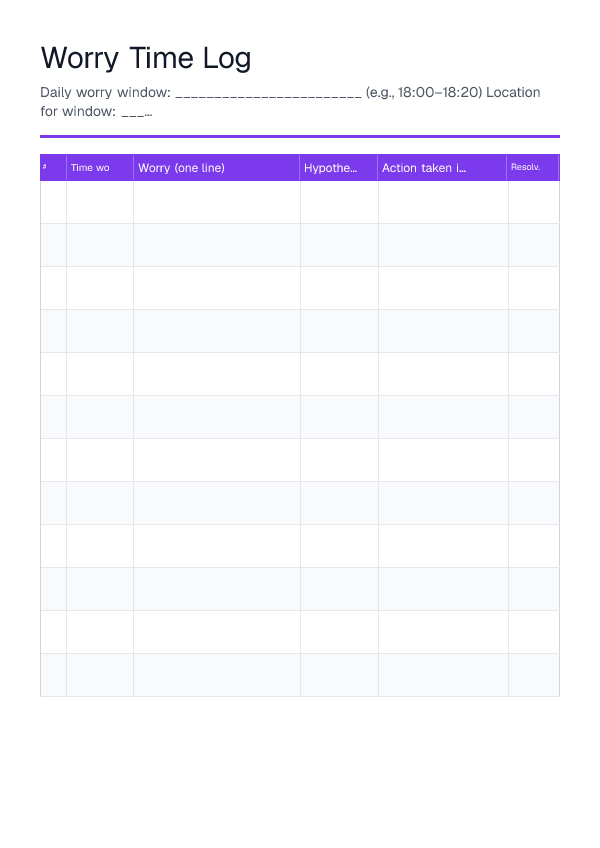 Worry Time Log — printable PDF preview