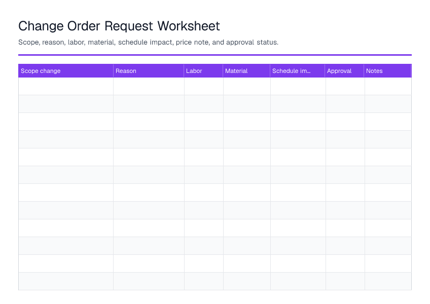 Change Order Request Worksheet — printable PDF preview