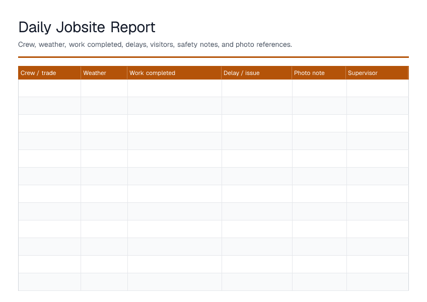 Daily Jobsite Report — printable PDF preview