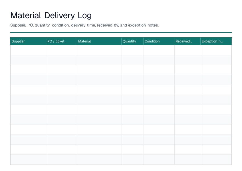 Material Delivery Log — printable PDF preview
