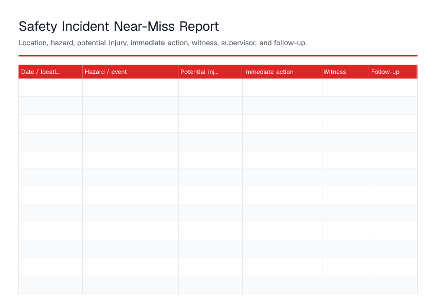 Safety Incident Near-Miss Report — printable PDF preview