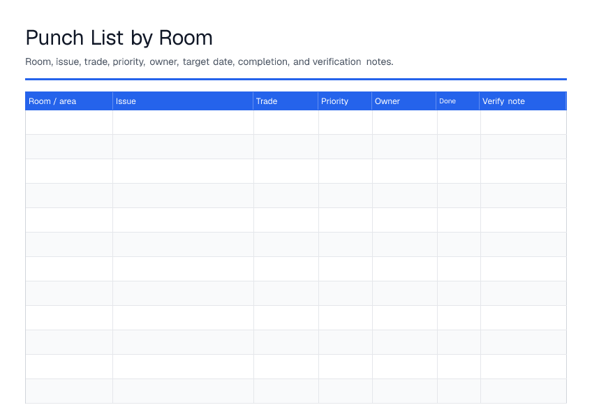 Punch List by Room — printable PDF preview