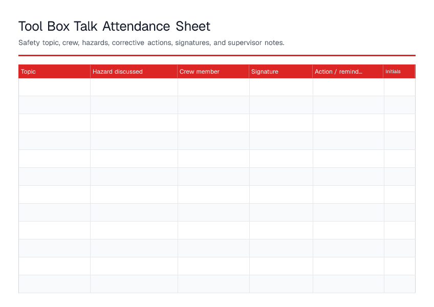 Tool Box Talk Attendance Sheet — printable PDF preview