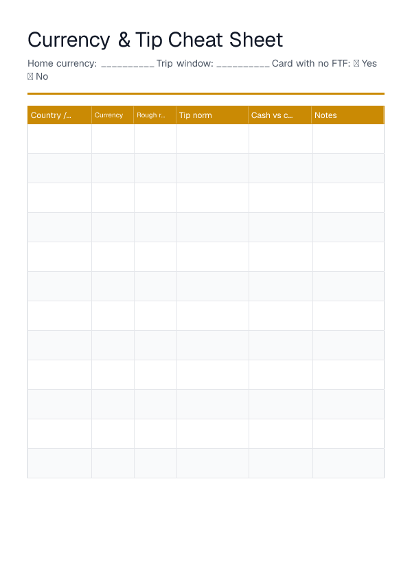 Currency & Tip Cheat Sheet — printable PDF preview