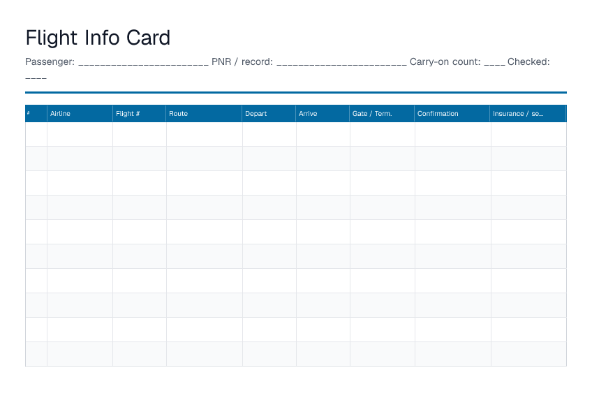 Flight Info Card — printable PDF preview