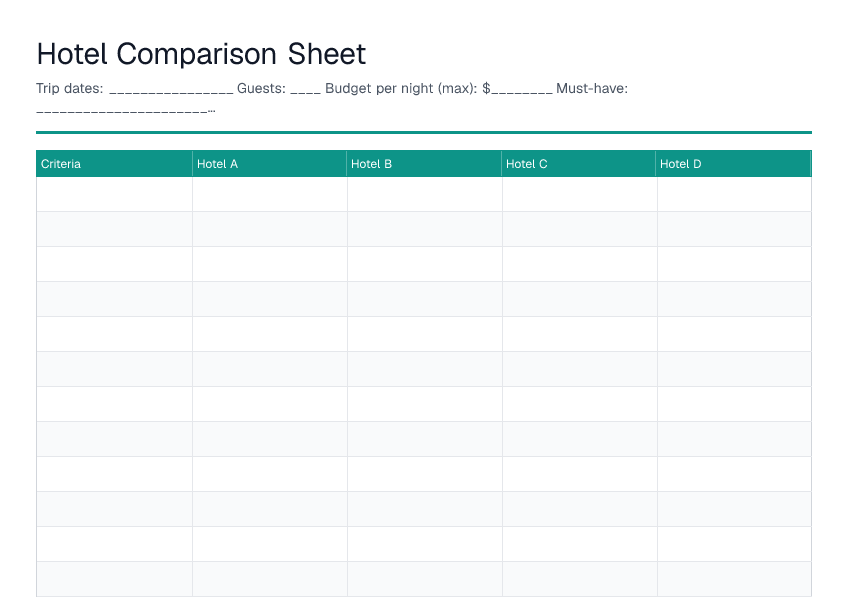 Hotel Comparison Sheet — printable PDF preview