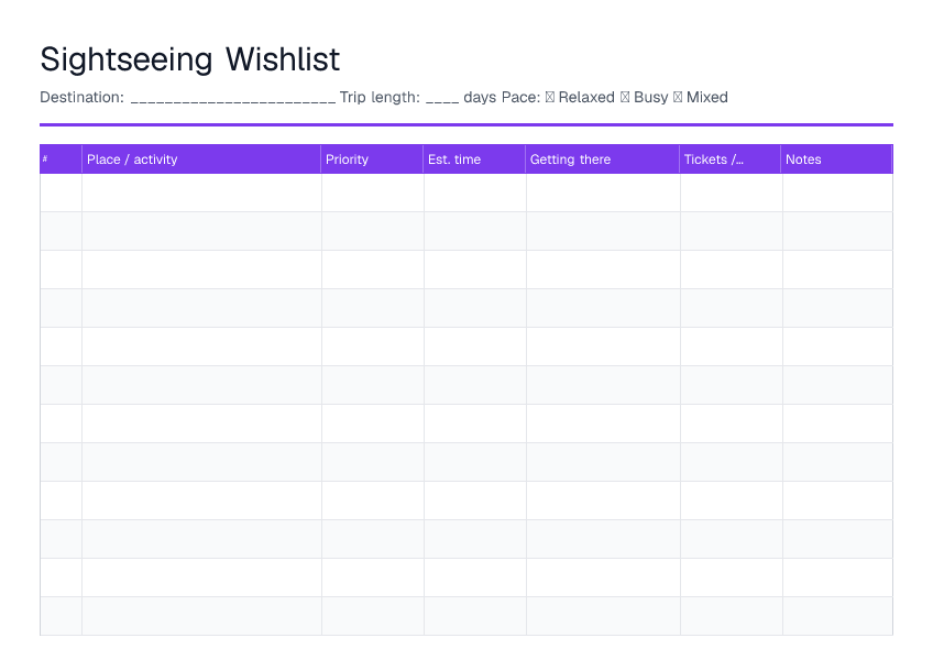 Sightseeing Wishlist — printable PDF preview