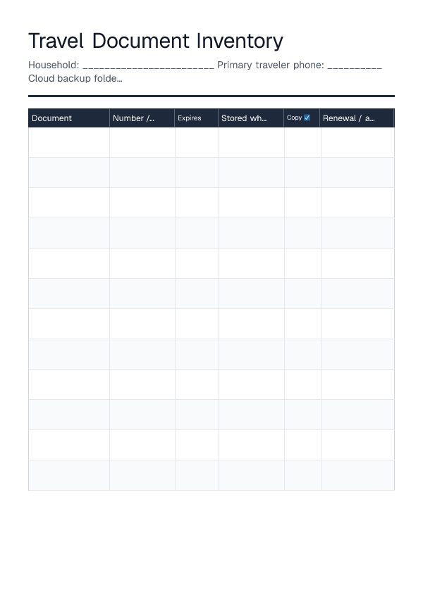 Travel Document Inventory — printable PDF preview